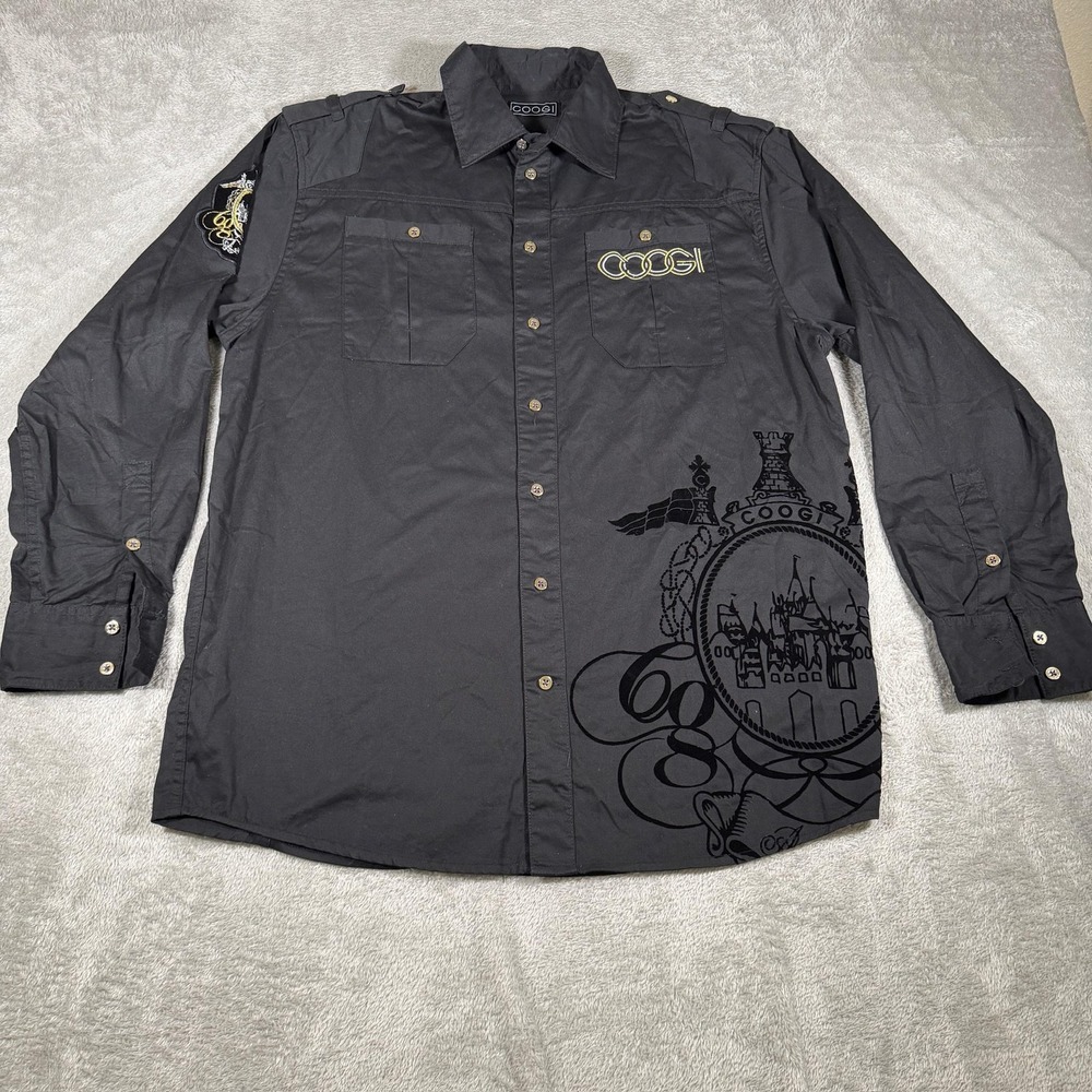 Coogi Shirt Mens Large Black Embroidered Castle Graphic Button Up Long Sleeve